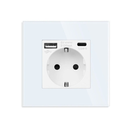 Priza Luxion LXD-MP010UG-W simpla schuko + USB A + USB C, rama din sticla inclusa, incastrata, alba