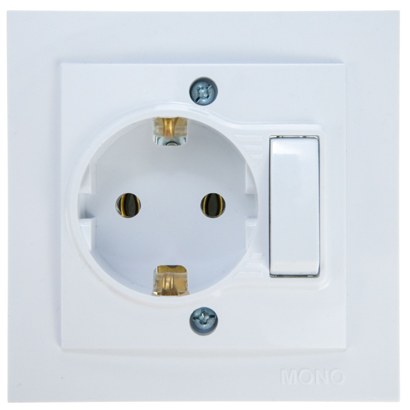 Priza mobilier simpla cu intrerupator Mono Electric, incastrata, rama inclusa, alba