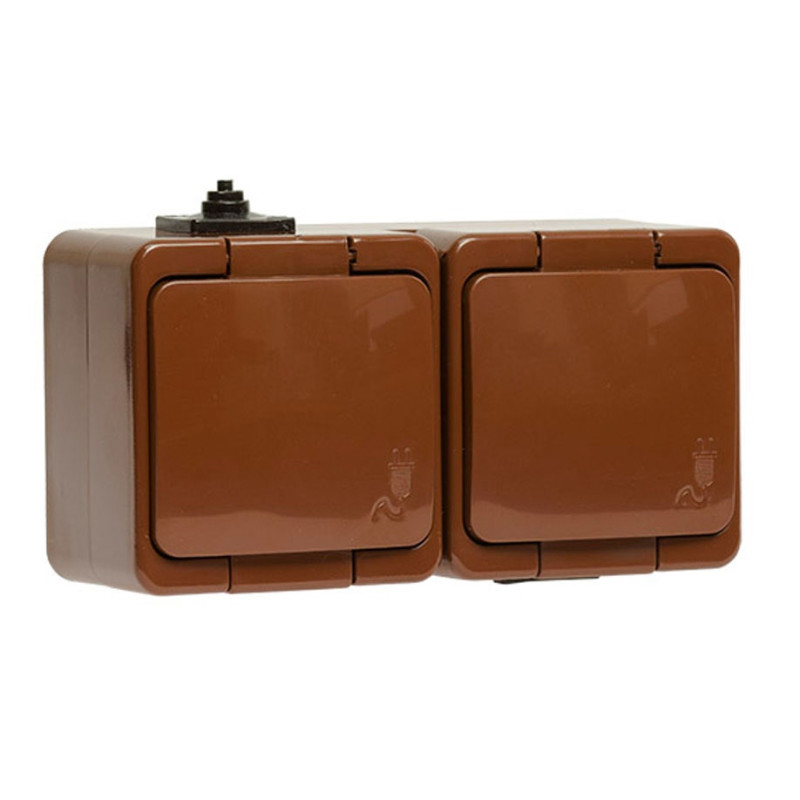 Priza schuko dubla Abex Smart, aparenta, cu capac, contact de protectie, maro