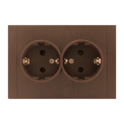 Priza schuko dubla Comtec Anemon, incastrata, rama inclusa, contact de protectie, stejar
