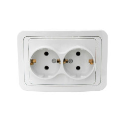 Priza schuko dubla Comtec Eco Premium MF0012-06043, incastrata, rama inclusa, contact de protectie, alba