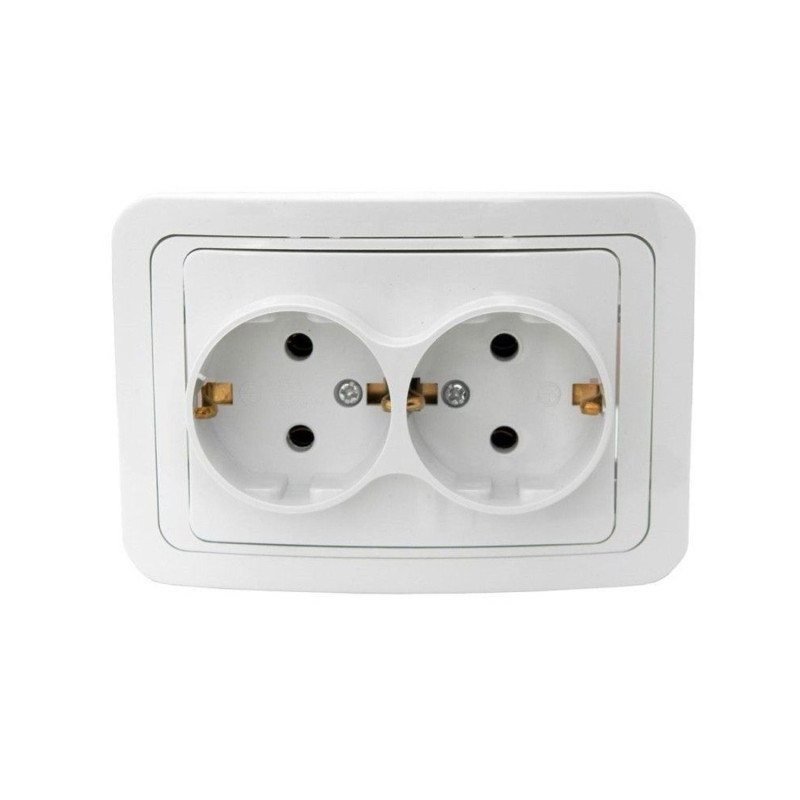 Priza schuko dubla Comtec Eco Premium MF0012-06043, incastrata, rama inclusa, contact de protectie, alba