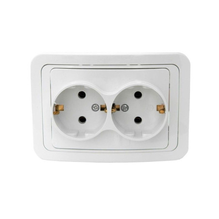 Priza schuko dubla Comtec Eco Premium MF0012-06043, incastrata, rama inclusa, contact de protectie, alba