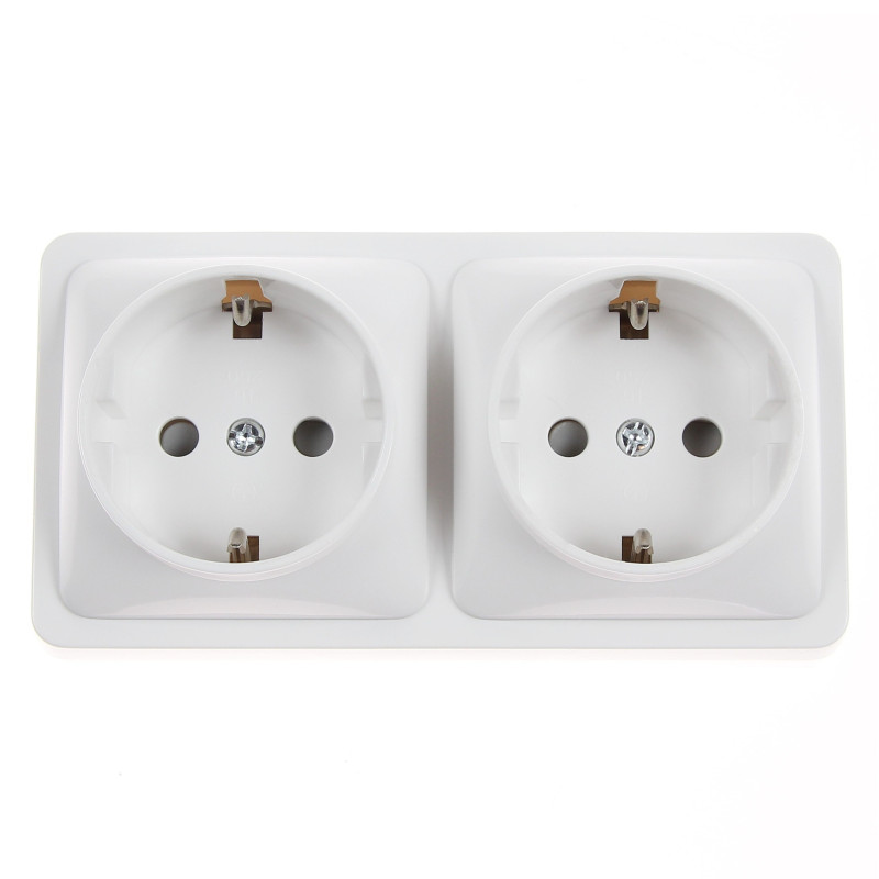 Priza schuko dubla Hoff Mini, aparenta, contact de protectie, 10A, alba Priza schuko dubla Hoff Mini, aparenta, contact de protectie, 10A, alba