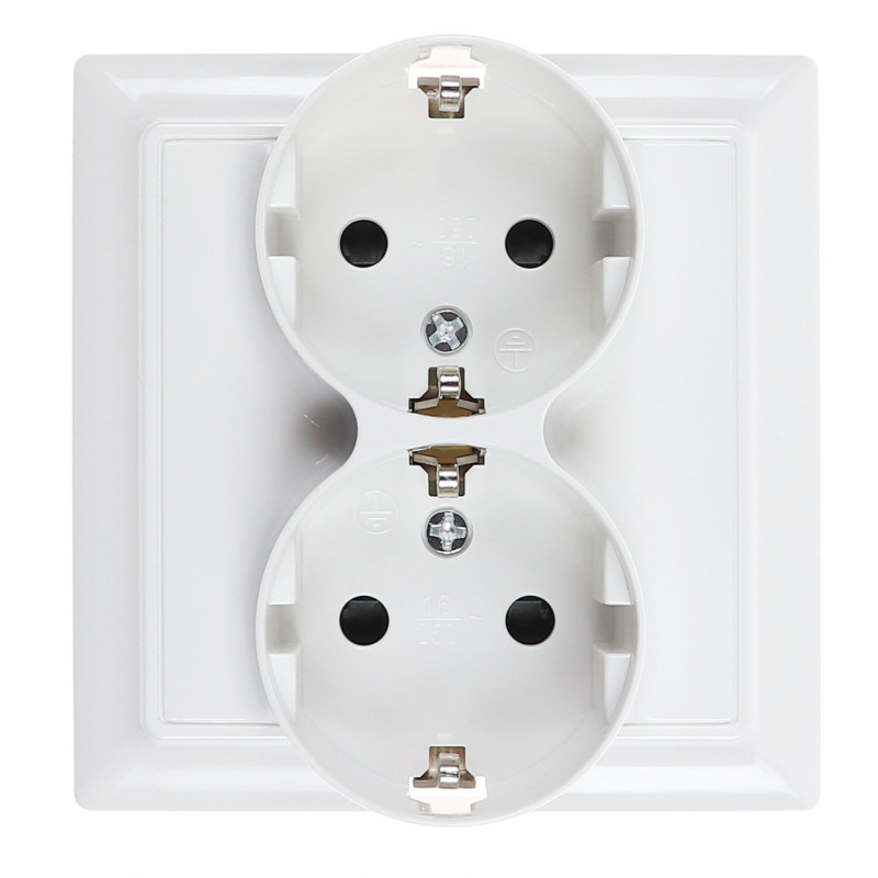 Priza schuko dubla Hoff Soft, incastrata, contact de protectie, 16A, alba Priza schuko dubla Hoff Soft, incastrata, contact de protectie, 16A, alba