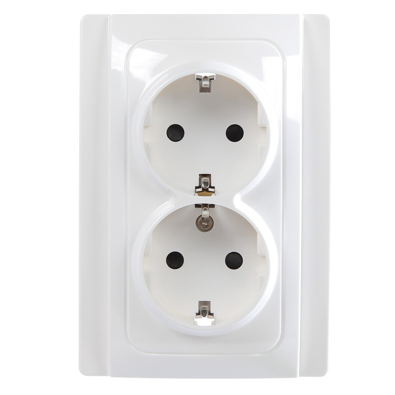 Priza schuko dubla Hoff Top, incastrata, contact de protectie, 16A, alba Priza schuko dubla Hoff Top, incastrata, contact de protectie, 16A, alba