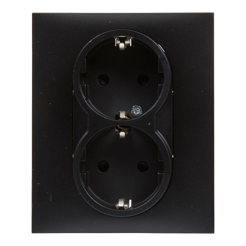 Priza schuko dubla Legrand New Suno 721426, incastrata, contact de protectie, rama inclusa, neagra