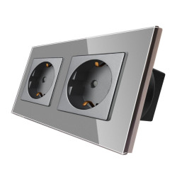 Priza schuko dubla Luxion  LXD-2MP010G-GY, incastrat, contact de protectie, rama din sticla inclusa, gri