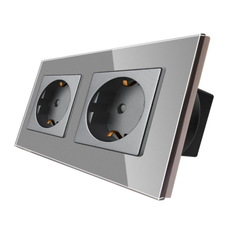 Priza schuko dubla Luxion  LXD-2MP010G-GY, incastrat, contact de protectie, rama din sticla inclusa, gri