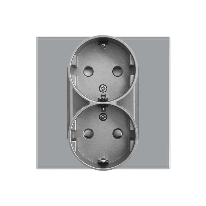 Priza schuko dubla Luxion LXD-MP210GF-GY, incastrata, contact de protectie, rama din sticla inclusa, gri