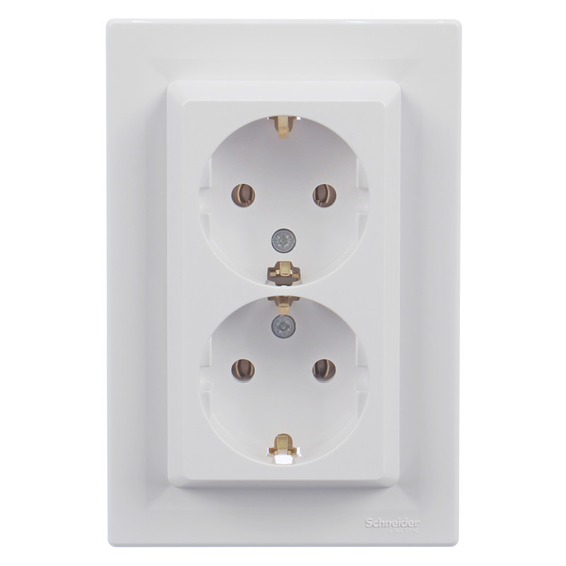 Priza schuko dubla Schneider Electric Asfora EPH9900121, incastrata, rama inclusa, contact de protectie, alba