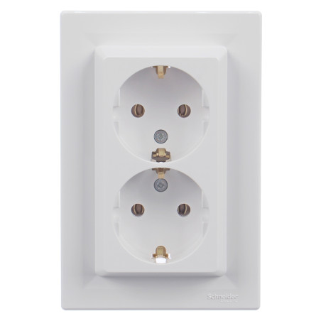 Priza schuko dubla Schneider Electric Asfora EPH9900121, incastrata, rama inclusa, contact de protectie, alba