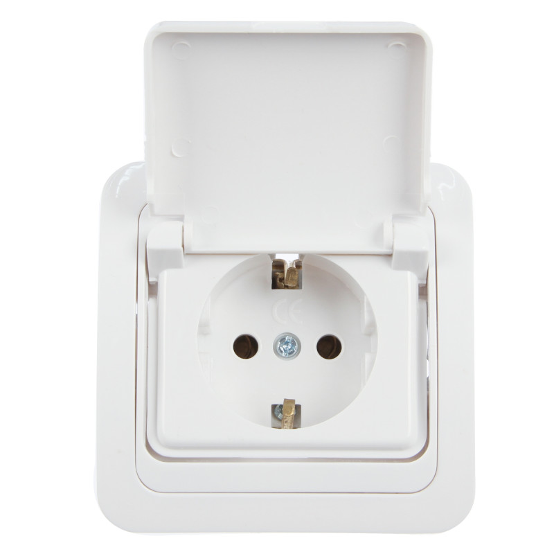 Priza schuko simpla Comtec Eco 0012-05255, incastrata, rama inclusa, cu capac, contact de protectie, alba Priza schuko simpla Comtec Eco 0012-05255, incastrata, rama inclusa, cu capac, contact de protectie, alba