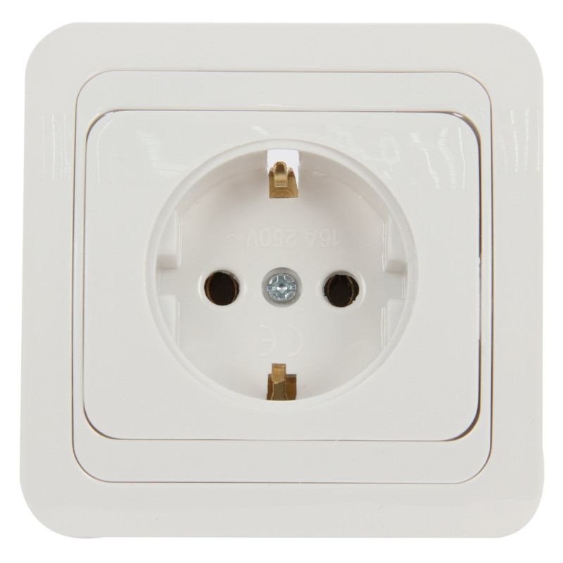 Priza schuko simpla Comtec Eco MF0012-05253, incastrata, rama inclusa, contact de protectie, alba