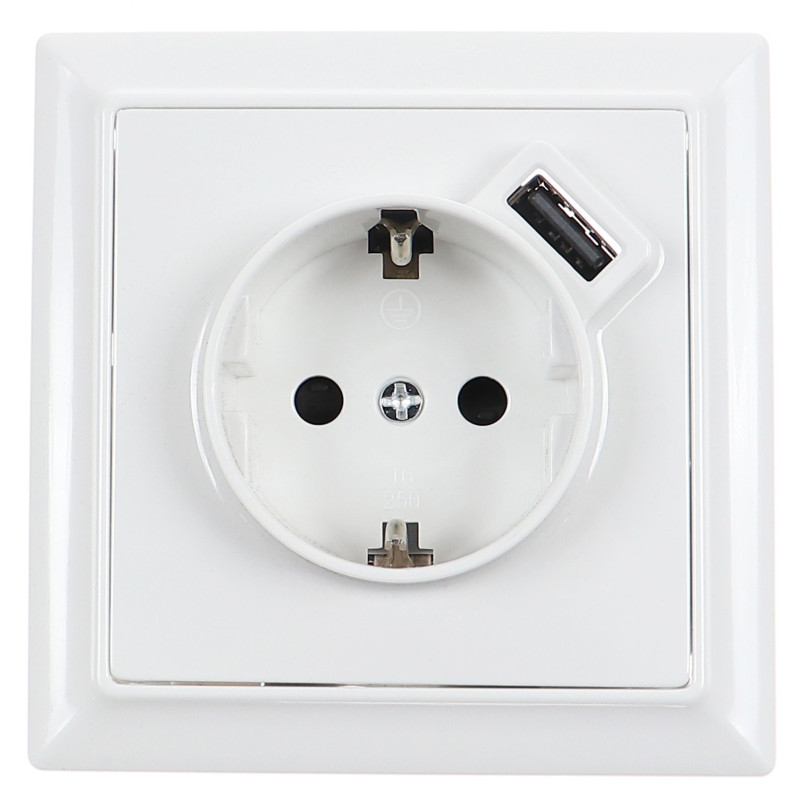 Priza schuko simpla cu USB 2.4A Hoff Soft, incastrata, contact de protectie, 16A, alba