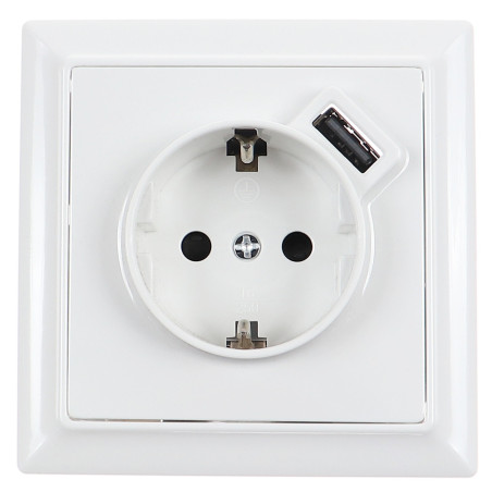 Priza schuko simpla cu USB 2.4A Hoff Soft, incastrata, contact de protectie, 16A, alba