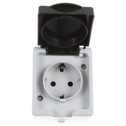 Priza schuko simpla Hoff Cubik, aparenta, cu capac, contact de protectie, protectie copii, 16A, IP54, gri + negru