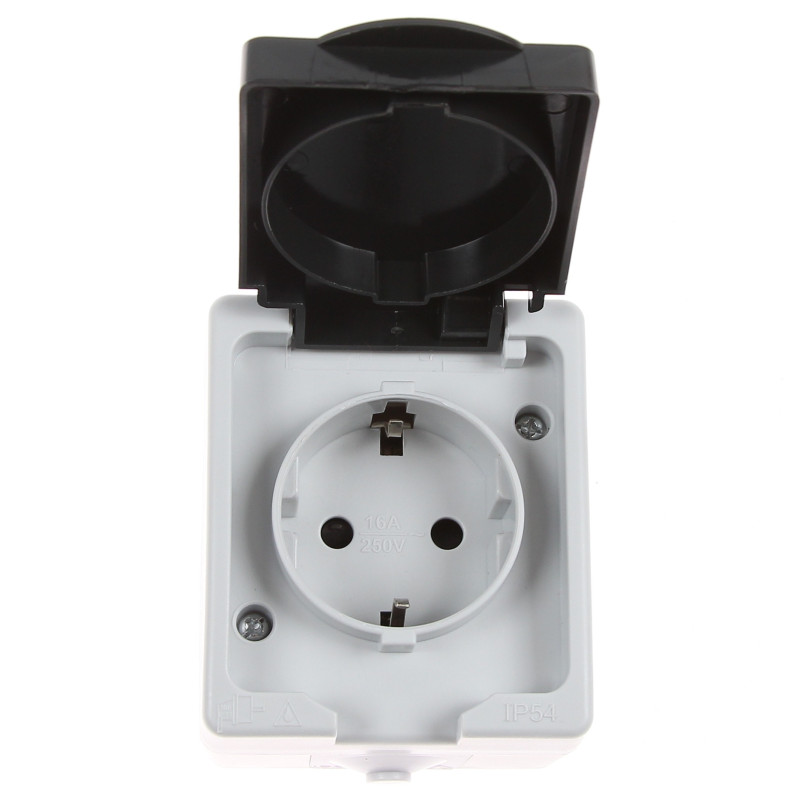 Priza schuko simpla Hoff Cubik, aparenta, cu capac, contact de protectie, protectie copii, 16A, IP54, gri + negru Priza schuko simpla Hoff Cubik, aparenta, cu capac, contact de protectie, protectie copii, 16A, IP54, gri + negru