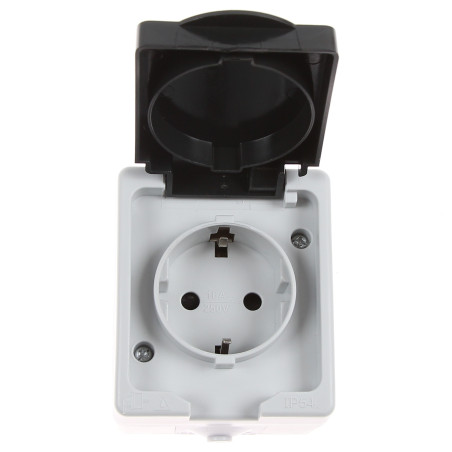 Priza schuko simpla Hoff Cubik, aparenta, cu capac, contact de protectie, protectie copii, 16A, IP54, gri + negru