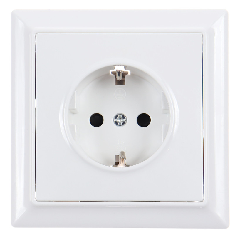 Priza schuko simpla Hoff Soft, incastrata, contact de protectie, 16A, alba Priza schuko simpla Hoff Soft, incastrata, contact de protectie, 16A, alba