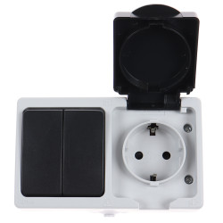 Priza schuko simpla + intrerupator dublu Hoff Cubik, cu capac, aparenta, contact de protectie, 16A, IP54, gri + negru
