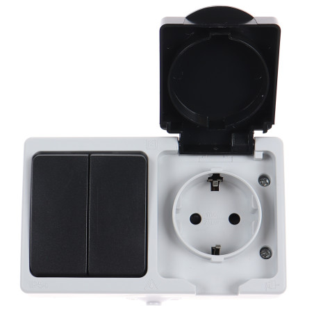 Priza schuko simpla + intrerupator dublu Hoff Cubik, cu capac, aparenta, contact de protectie, 16A, IP54, gri + negru