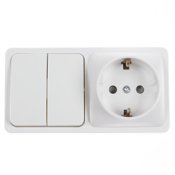 Priza schuko simpla + intrerupator dublu Hoff Mini, aparenta, contact de protectie, 10A, alba