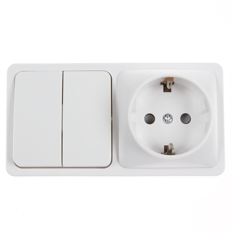 Priza schuko simpla + intrerupator dublu Hoff Mini, aparenta, contact de protectie, 10A, alba