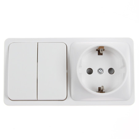 Priza schuko simpla + intrerupator dublu Hoff Mini, aparenta, contact de protectie, 10A, alba
