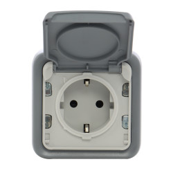 Priza schuko simpla Legrand Plexo 069733, aparenta, cu rama, cu capac, contact de protectie, gri