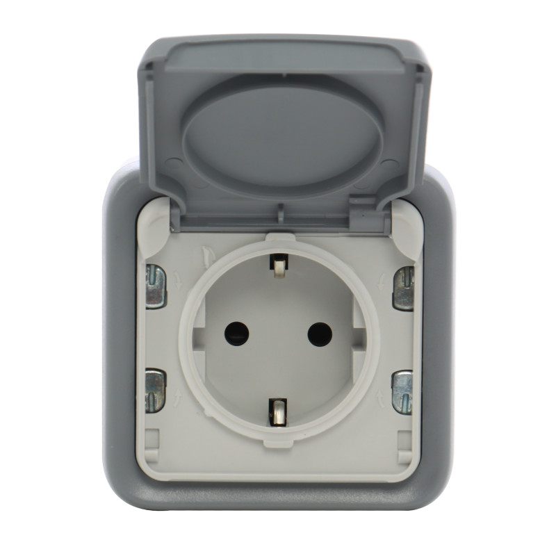 Priza schuko simpla Legrand Plexo 069733, aparenta, cu rama, cu capac, contact de protectie, gri
