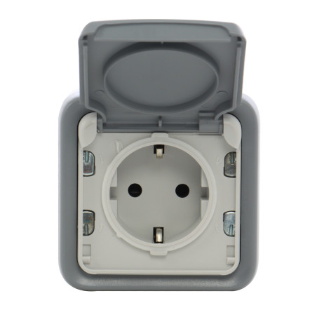 Priza schuko simpla Legrand Plexo 069733, aparenta, cu rama, cu capac, contact de protectie, gri