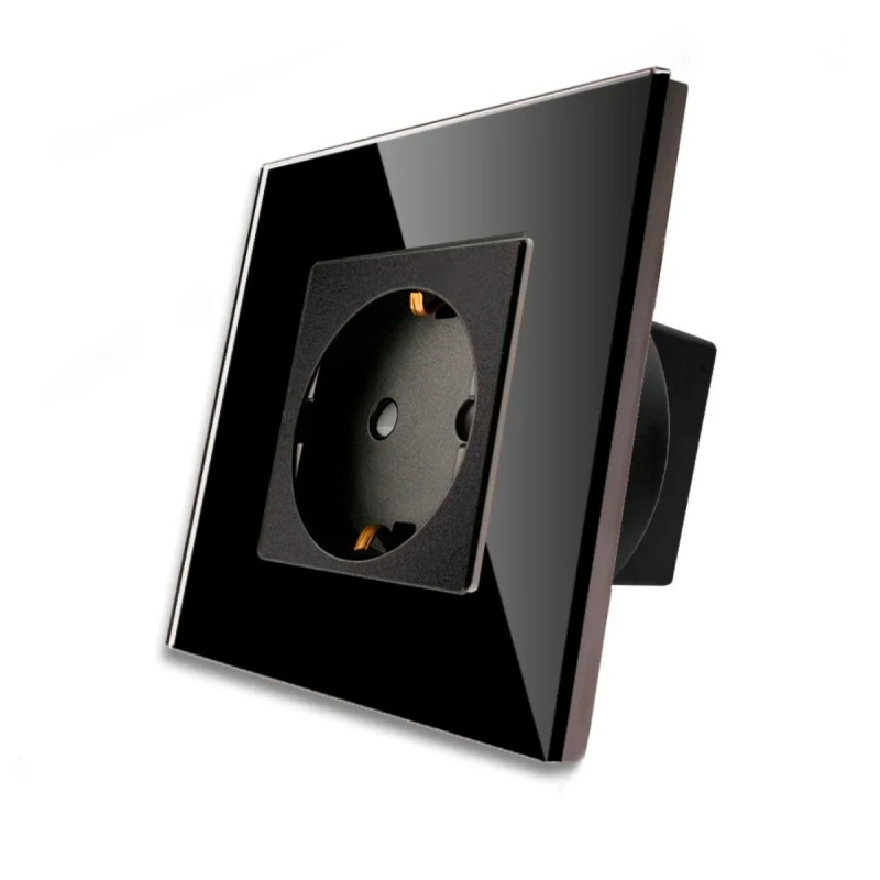Priza schuko simpla Luxion LXD-1MP010G-B, incastrata, contact de protectie, rama din sticla inclusa, neagra