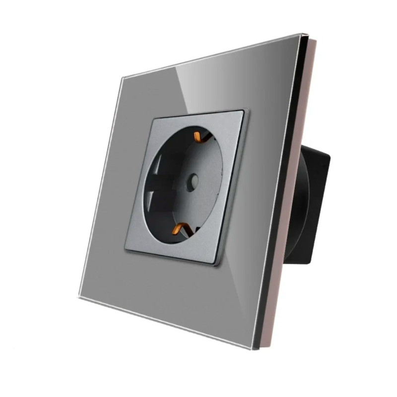 Priza schuko simpla Luxion LXD-1MP010G-GY, incastrata, contact de protectie, rama din sticla inclusa, gri