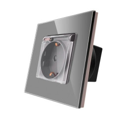 Priza schuko simpla Luxion LXD-1MP049G-GY, incastrata, cu capac, contact de protectie, rama din sticla inclusa, gri