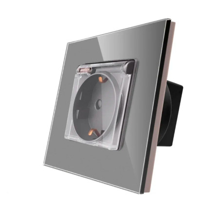 Priza schuko simpla Luxion LXD-1MP049G-GY, incastrata, cu capac, contact de protectie, rama din sticla inclusa, gri
