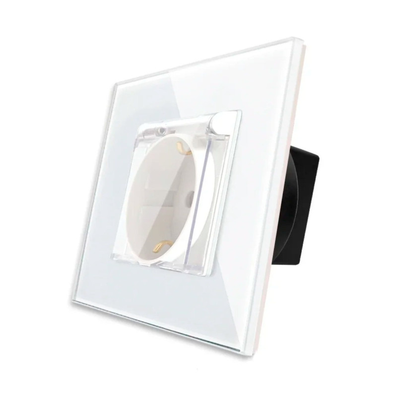 Priza schuko simpla Luxion LXD-1MP049G-W, incastrata, cu capac, contact de protectie, rama din sticla inclusa, alba