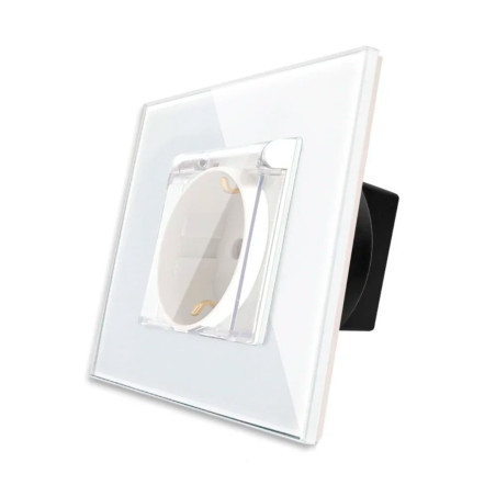 Priza schuko simpla Luxion LXD-1MP049G-W, incastrata, cu capac, contact de protectie, rama din sticla inclusa, alba