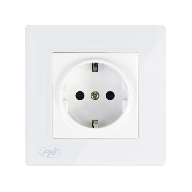 Priza schuko simpla PNI-WP101, incastrata, contact de protectie, rama din sticla inclusa, alba
