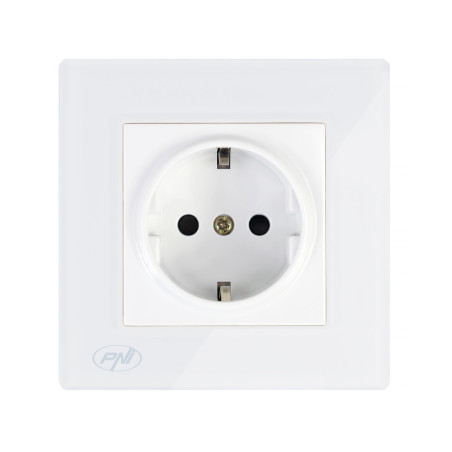 Priza schuko simpla PNI-WP101, incastrata, contact de protectie, rama din sticla inclusa, alba