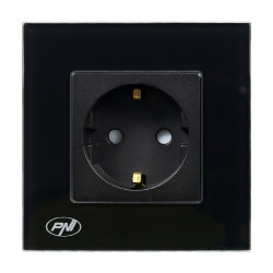 Priza schuko simpla PNI-WP101B, incastrata, contact de protectie, rama din sticla inclusa, neagra