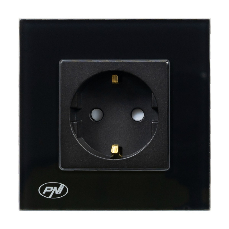 Priza schuko simpla PNI-WP101B, incastrata, contact de protectie, rama din sticla inclusa, neagra