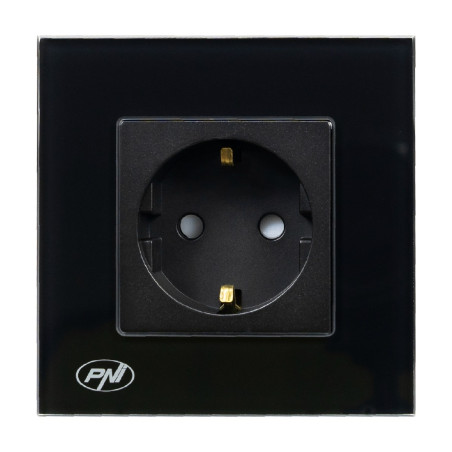 Priza schuko simpla PNI-WP101B, incastrata, contact de protectie, rama din sticla inclusa, neagra