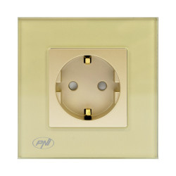Priza schuko simpla PNI-WP101G, incastrata, contact de protectie, rama din sticla inclusa, aurie
