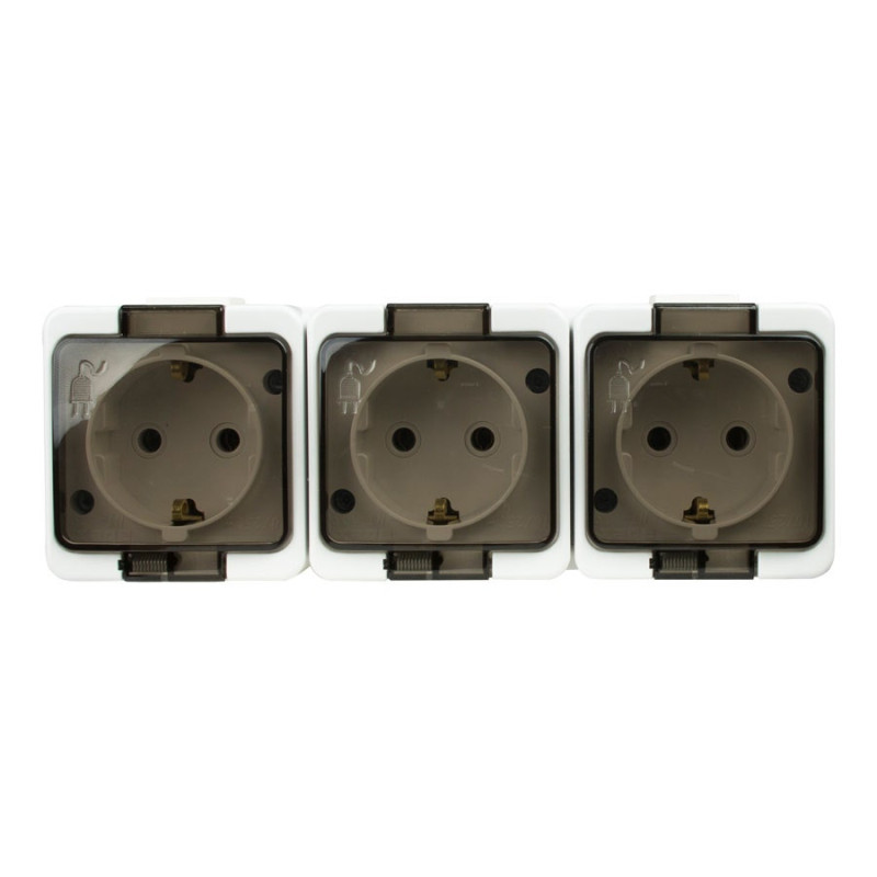 Priza schuko tripla Abex Smart, aparenta, cu capac, contact de protectie, alba