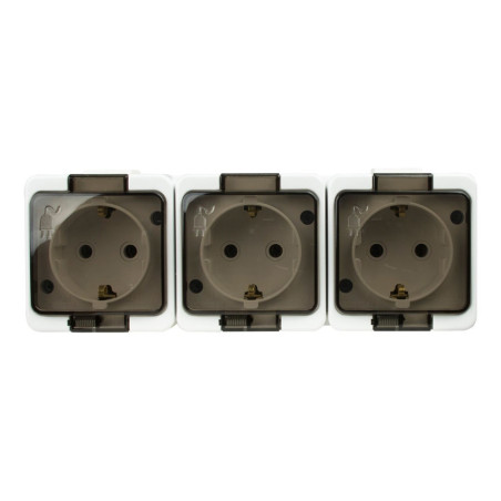 Priza schuko tripla Abex Smart, aparenta, cu capac, contact de protectie, alba