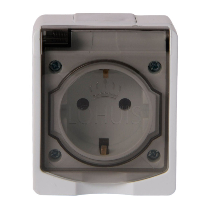 Priza simpla Lohuis AG, aparenta, cu capac, contact de protectie, 16A, IP44, alb + gri