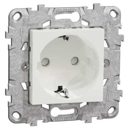 Priza simpla Schneider Electric Noua Unica NU503718Z, incastrata, contact de protectie, protectie copii, 2P+E, 16A, alba