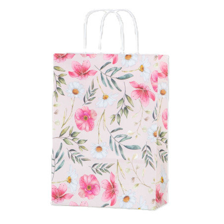Punga cadou, Sav Com, Florala jumbo, hartie kraft, pliabila, alb + roz, 41 x 32 x 12 cm