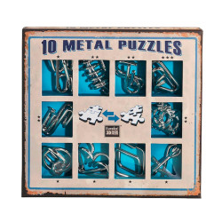 Puzzle mecanic, joc de logica, set 10 provocari 3D, Eureka, metal, argintiu + albastru, 8+ ani, 17.5 x 2.3 x 16.5 cm